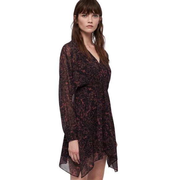 All Saints Nichola Rosey Smocked Draped Mini Dress in Berry Red - S - Picture 4 of 16